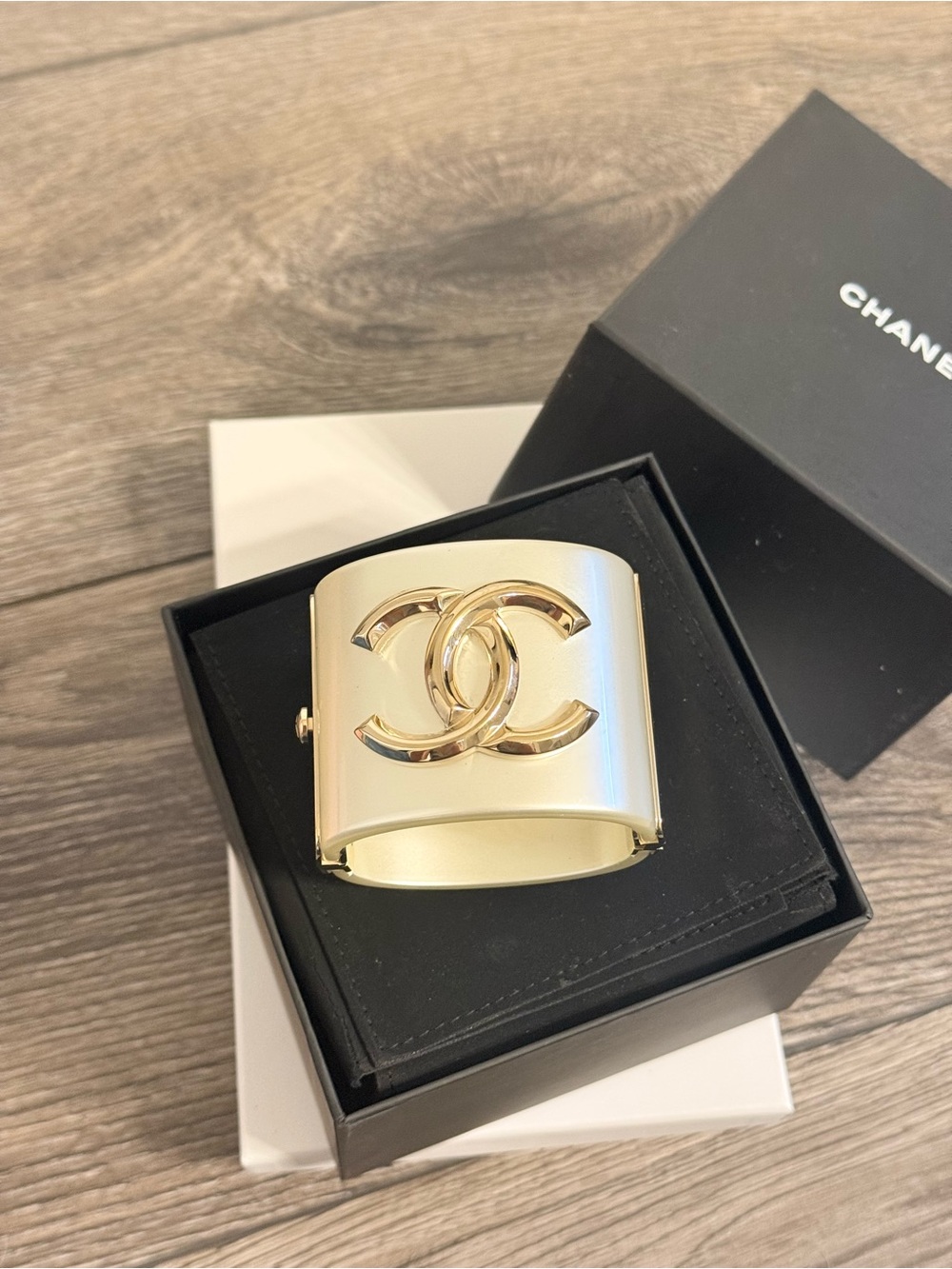 CHANEL White Resin CC Cuff Bracelet